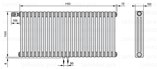 Схема (чертеж) Радиатор Zehnder Charleston 3100/25 №V007 Белый глянцевый RAL 9016